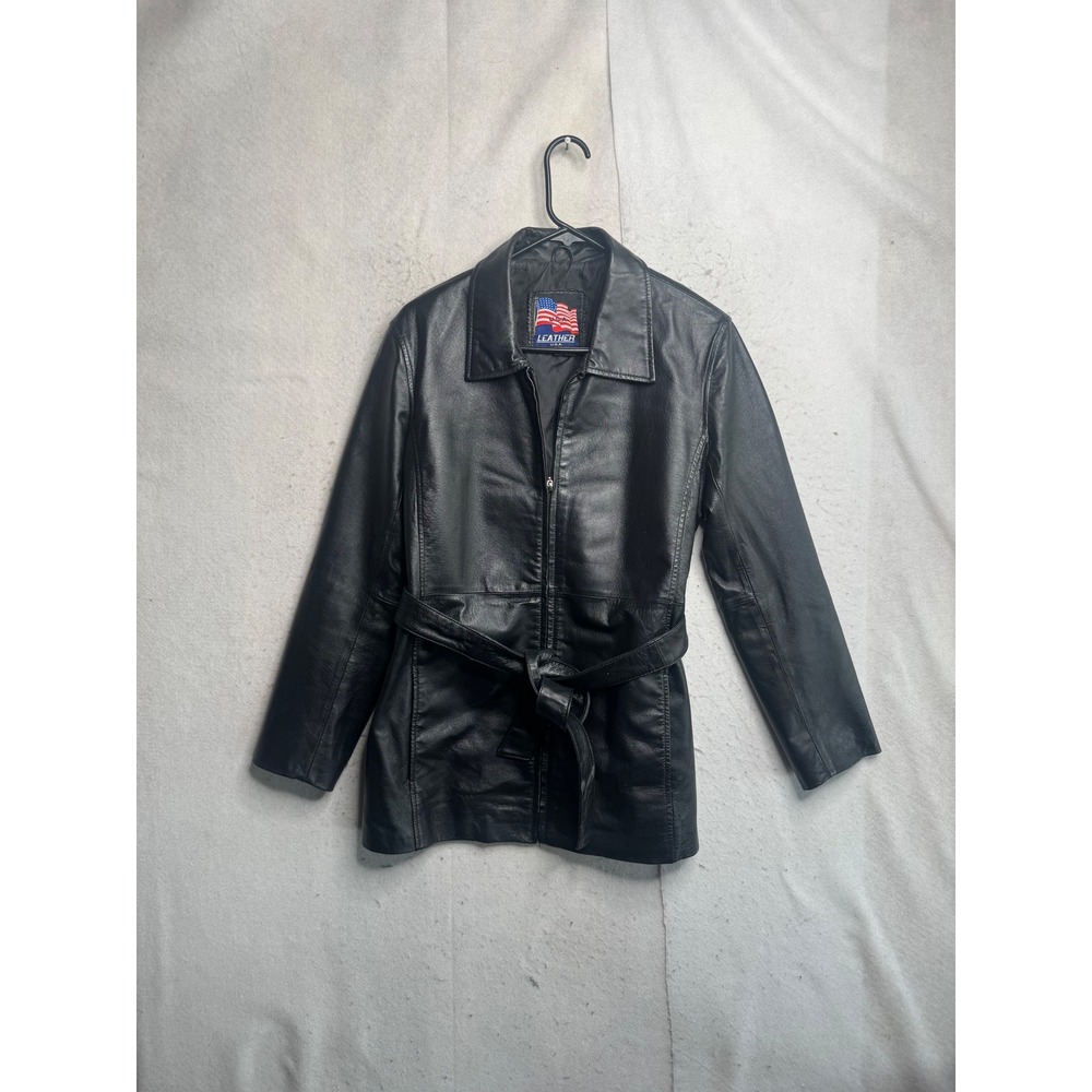 Leather USA Womens Black Genuine Leather Belted Zip Up Jacket Coat Medium